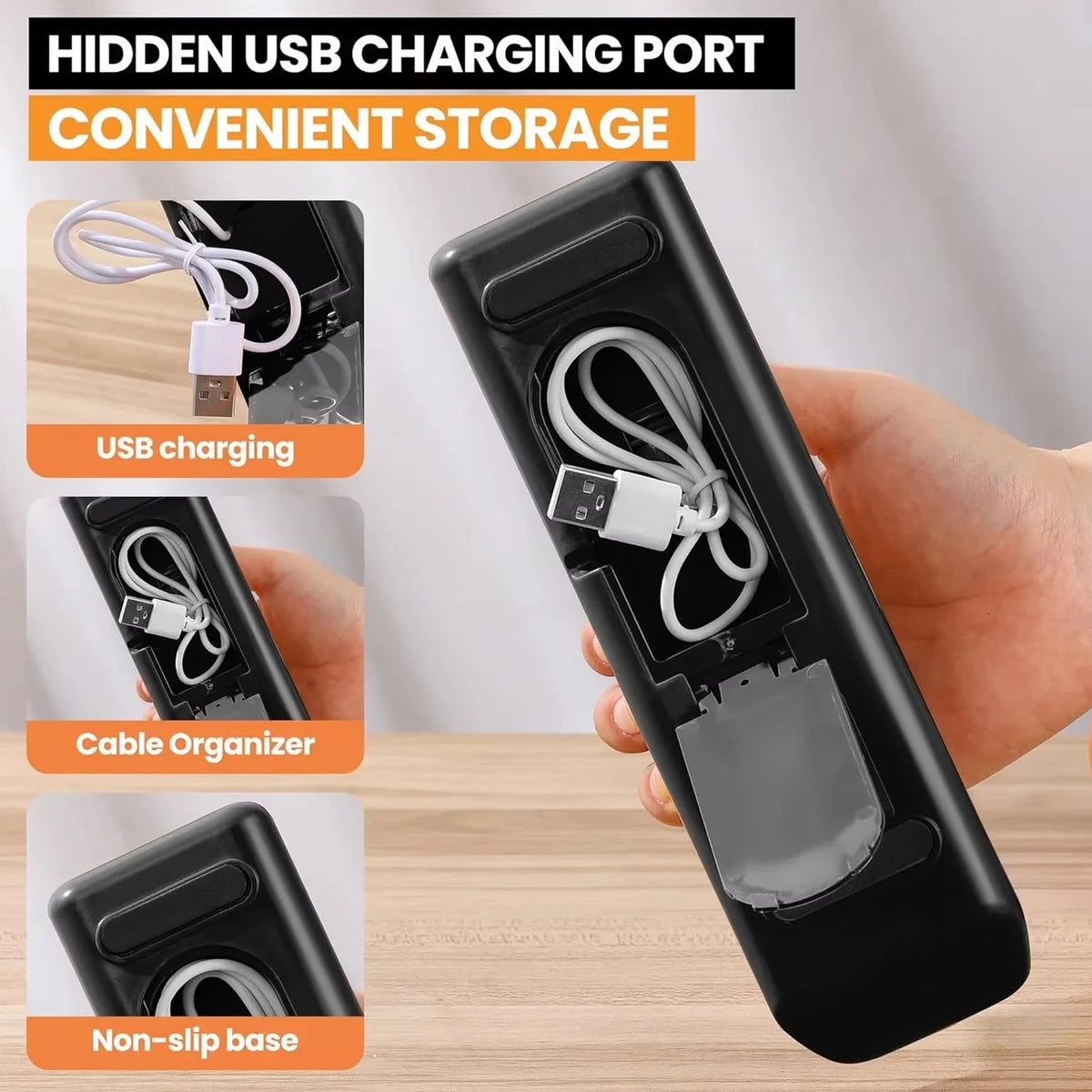 Hidden USB charging port and cable storage