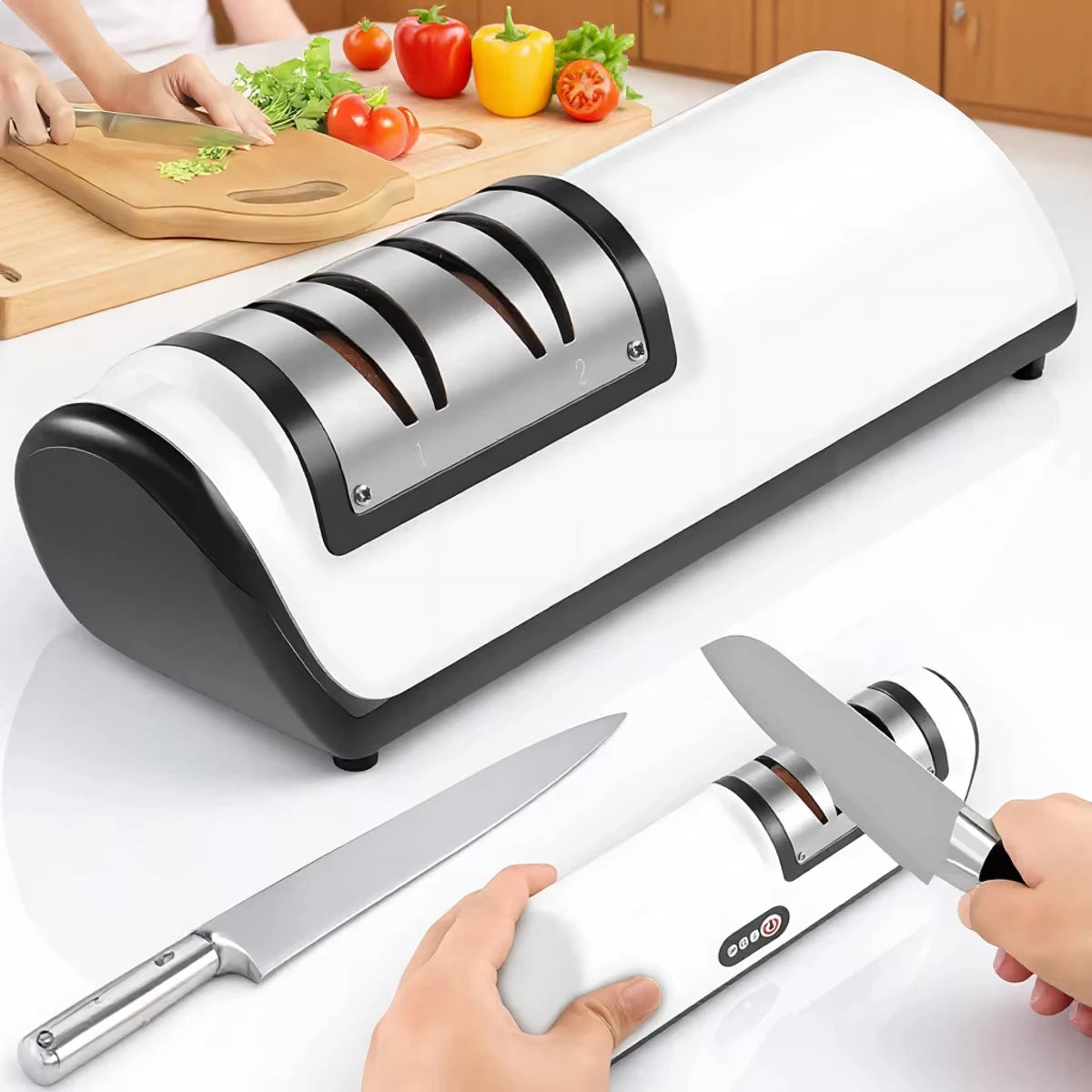 Sharpening a kitchen knife with the electric sharpener