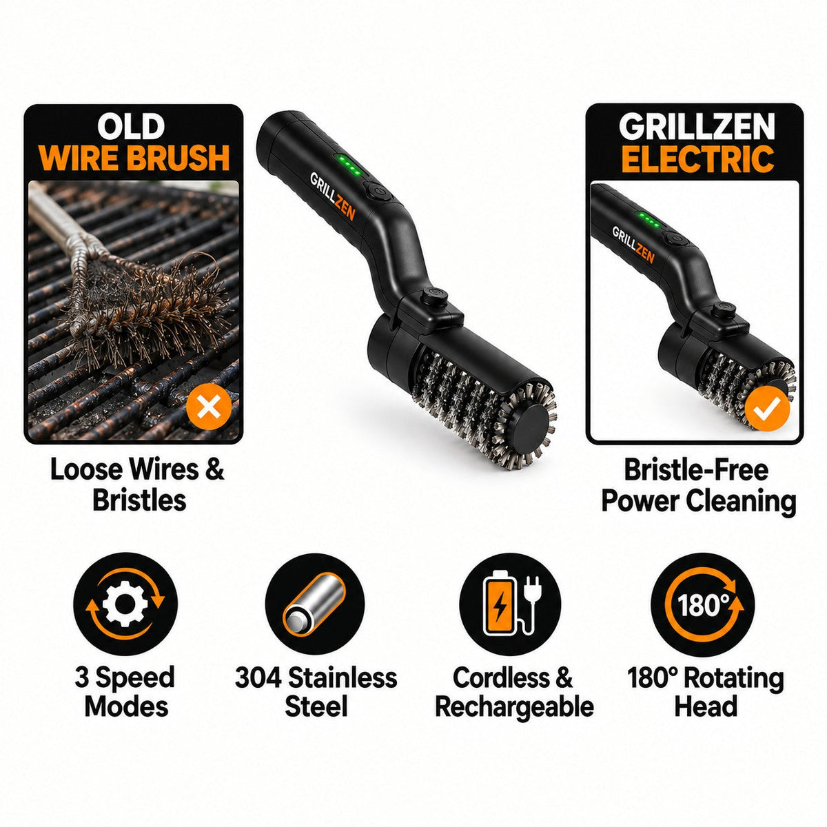 Grillzen electric brush vs old wire brush – bristle-free power cleaning