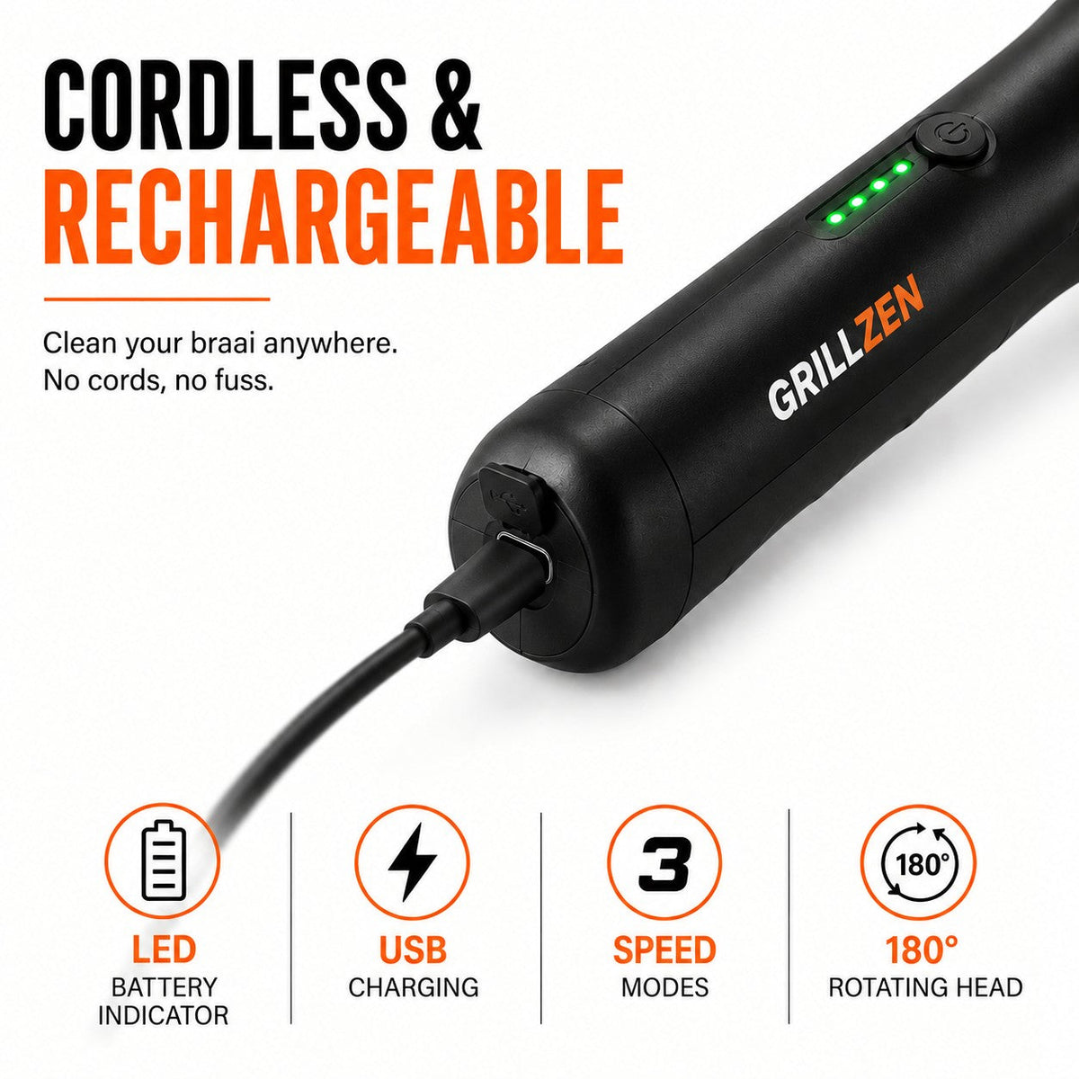 Cordless and rechargeable – LED battery indicator, USB charging