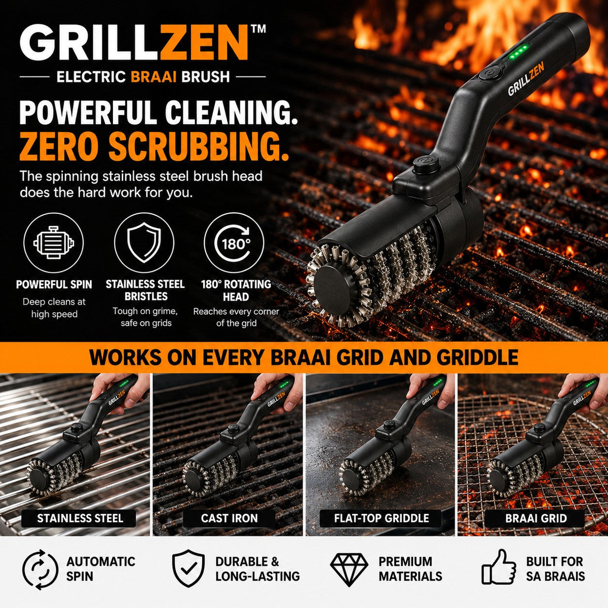 Grillzen Electric Braai Brush – powerful cleaning, zero scrubbing, works on every braai grid